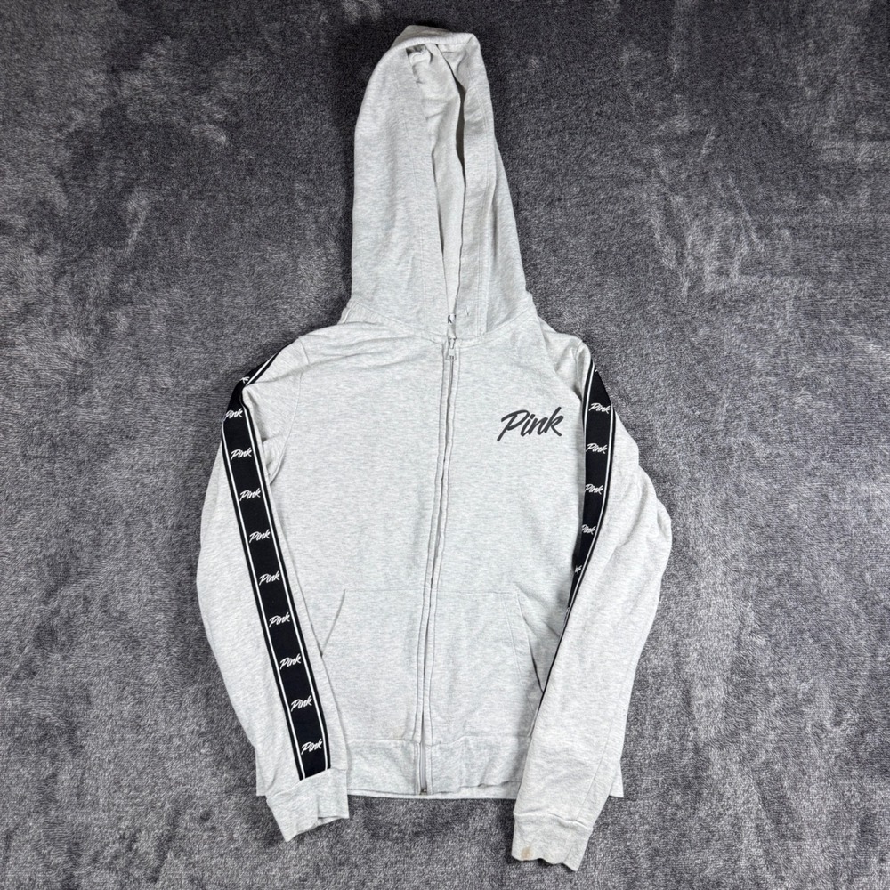 Pink Victoria's Secret Full Zip Hoodie Heather Gray Logo Tape Sleeve XS